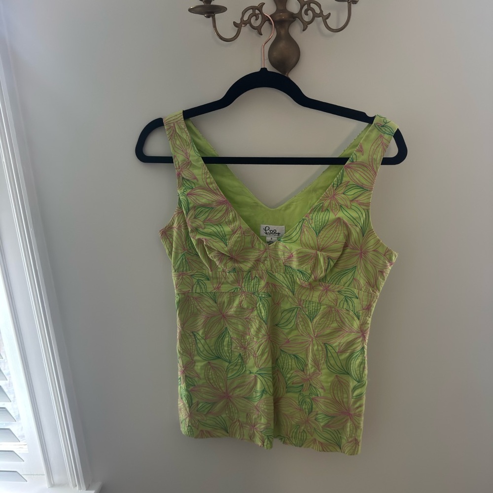 Lilly Pulitzer Green and Pink Floral Tank Top Vintage 2000s